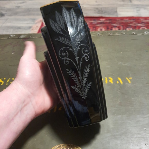 Antique Fostoria Black Ebony Glass Etched Fern Gold Trim Vintage Art Deco Vase - Picture 2 of 12